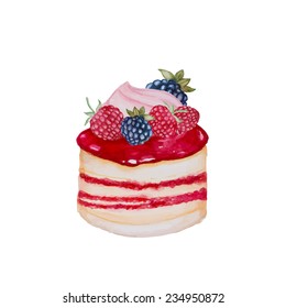 Watercolor sweet dessert. Vector cake with berries isolated on white background.
