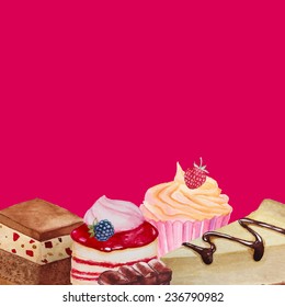 Watercolor sweet desserts background. Vector frame with cupcakes, berry desserts and cheesecake.