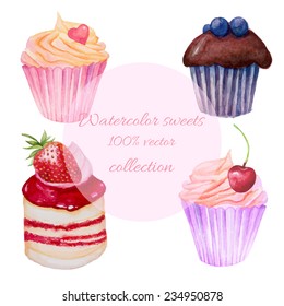 Watercolor sweet desserts set. Vector collection of cupcakes and sweets with berries.