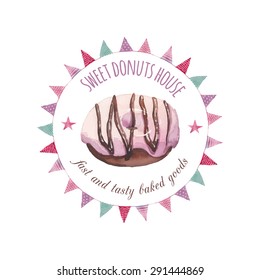 Watercolor sweet donuts house logo. Hand drawn label design with vintage flags garland frame, stars and chocolate realistic donut. Vector food sign