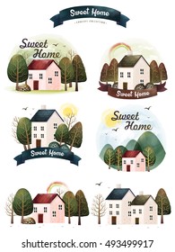 Watercolor sweet home collection, lovely rustic house with trees in hand drawn style, watercolor elements for cards, poster or story book