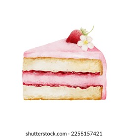 Watercolor sweet pink strawberry cake. Valentines day concept