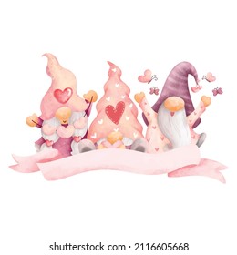 Watercolor sweet romantic couple gnome with flower 