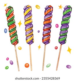 Acuarela Dulce espiral lollipops conjunto vector, caramelo de azúcar duro retorcido colorido sobre un palo elementos vectoriales aislados