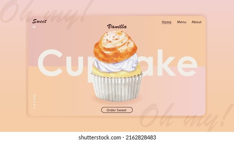 Aquarell von süßen Vanille Cupcake Website Vorlage Vektordesign ideal für Karten, Banner, Header, Partyplakate oder dekorieren Sie Ihre Kunstwerke.