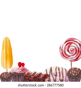 Watercolor sweets border. Hand drawn isolated food objects frame: ice cream, lollipop, cupcake with heart, nut candy, chocolate, donut. Vector illustration