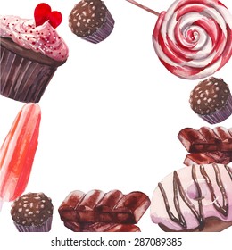 Watercolor sweets frame. Card background with hand drawn food objects: cupcakes, chocolate, lollipop, fresh donut, nuts candy, fruit ice cream. Vector cute design