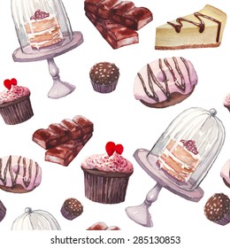 Watercolor sweets pattern. Seamless background with hand drawn food objects: cupcakes, chocolate, rustic cake, delicious donut, nuts candy, cheesecake. Vector cute wallpaper