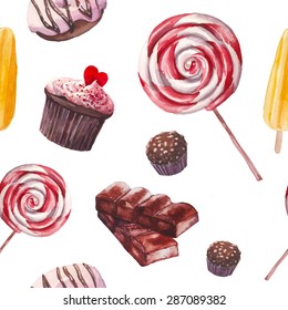 Watercolor sweets pattern. Seamless background with hand drawn food objects: cupcakes, chocolate, lollipop, fresh donut, nuts candy, fruit ice cream. Vector cute wallpaper