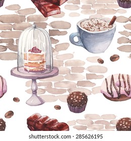 Watercolor sweets pattern. Seamless texture with hand drawn food objects: cappuccino cup, chocolate, rustic cake, pink donut, nuts candy, coffee beans on brick wall background. Vector cafe wallpaper