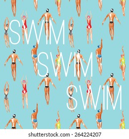 Watercolor swimmer men and women engaged in sports swimming in the marine tropical harbor. Art top summer seamless pattern vector. Print people among the waves