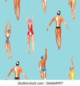 Watercolor swimmer men and women engaged in sports swimming in the marine tropical harbor. Art top summer seamless pattern vector. Print people among the waves