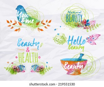 Watercolor symbols elements on beauty bright flowers twigs nature stylized as freehand drawing.
