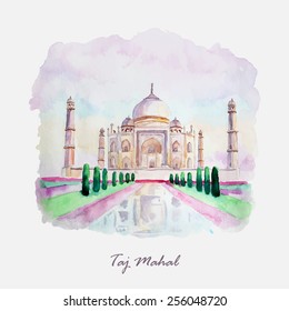 Watercolor Taj Mahal picture. India culture. Agra wealth.