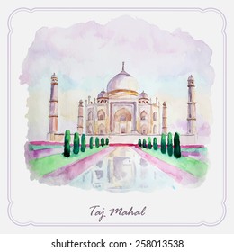 Watercolor Taj Mahal picture. India culture. Agra greeting card