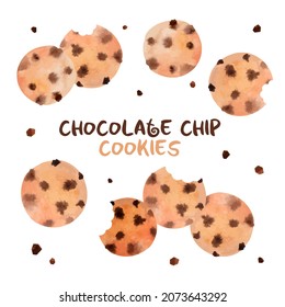 Watercolor tasty cookies with chocolate chips