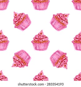 Watercolor tasty cupcake in vintage style, vector seamless pattern

