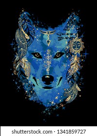 Watercolor tattoo of a wolf head in the style of boho. Print for textile and t-shirts. Totem Native American Symbolism. Isolated vector illustration.