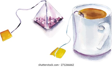 A watercolor tea bag and a tea cup, scalable vector drawing