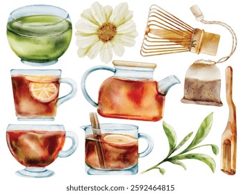 Watercolor Tea and Herbal Drink Illustration Set - Hand-Painted, Realistic, Cozy Style - Green Tea, Herbal Teapot, Cup, Tea Bag, Matcha Whisk, Vector Illustration