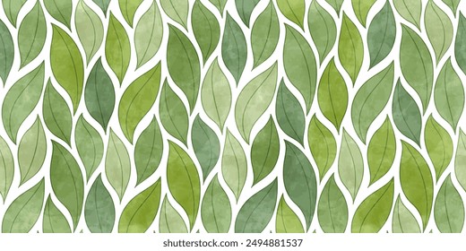 Watercolor tea leaves vector seamless pattern. Green leaf background, textured jungle print.