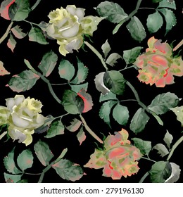Watercolor Tea Roses seamless pattern on black background vector illustration