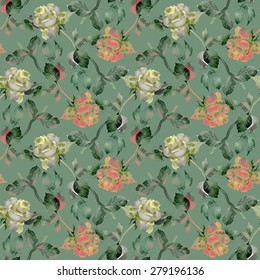Watercolor Tea Roses seamless pattern on green background vector illustration