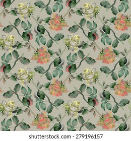 Watercolor Tea Roses seamless pattern on gray background vector illustration