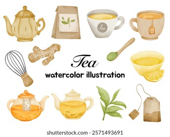  Watercolor Tea Set Illustration – Hand-painted Collection Featuring Teapots, Teacups, Matcha Whisk, Ginger Root, Tea Bags, Tea Leaves, Lemon Slices, and Herbal Teas