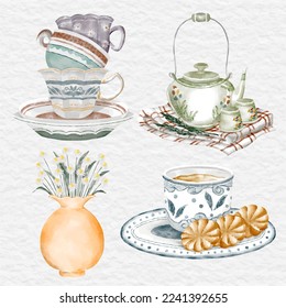 watercolor tea time element collection set