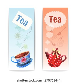 Watercolor tea vertical banner set with drink utensil isolated vector illustration