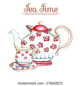 Watercolor teapot and cup on the white backgrounds. Vector illustration.