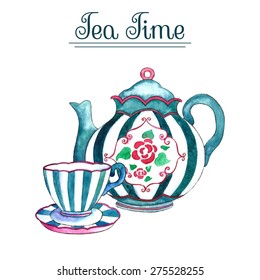 Watercolor teapot on the white backgrounds. Vector illustration.