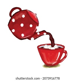 watercolor teapot and pour hot chocolate into a red cup