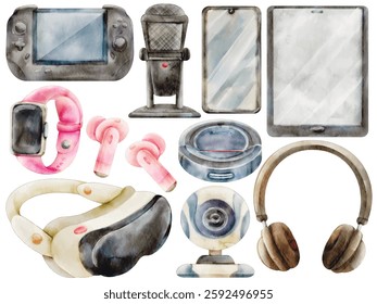 Watercolor Tech Gadgets Illustration Set - Hand-Painted, Modern, Realistic - Smartwatch, VR Headset, Wireless Earbuds, Gaming Console, Tablet, Smartphone, Microphone, Headphones, Vector Illustration