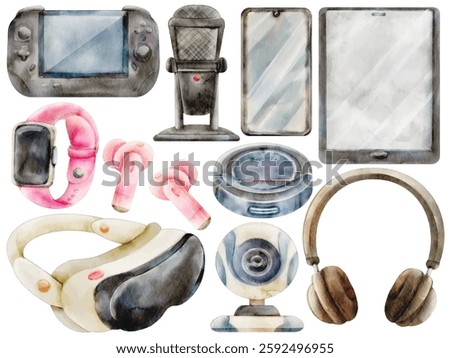Watercolor Tech Gadgets Illustration Set - Hand-Painted, Modern, Realistic - Smartwatch, VR Headset, Wireless Earbuds, Gaming Console, Tablet, Smartphone, Microphone, Headphones, Vector Illustration