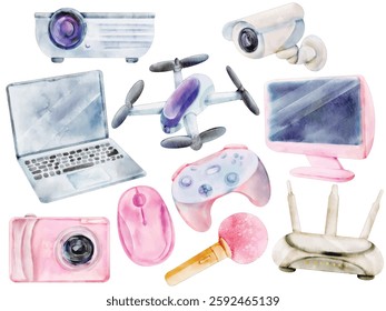 Watercolor Technology and Gadgets Illustration Set - Hand-Painted, Modern, Realistic - Laptop, Drone, Camera, Game Controller, Router, Microphone, Vector Illustration