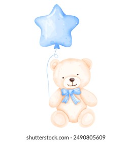 Watercolor Teddy Bear with Blue Balloon Illustration