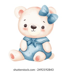 Watercolor Teddy Bear with Blue Bow and Sailor Outfit