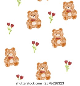 Watercolor teddy bear with flowers red rose, cute hand drawn baby animals seamless pattern.