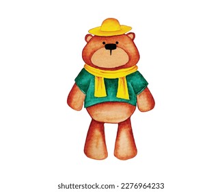 Watercolor teddy bear with hat and mapler
