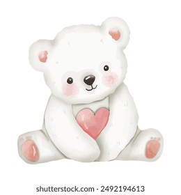 Watercolor Teddy Bear Holding a Heart