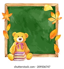 Watercolor teddy bear on the school board. Autumn leaves. Vector.