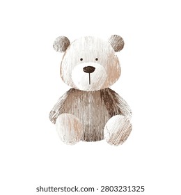 Watercolor teddy bear portrait showcasing a soft plush bear with rounded ears and friendly face