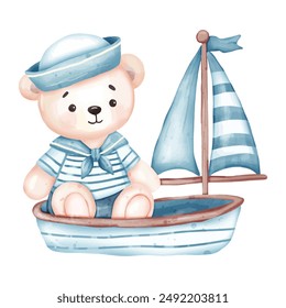 Aquarell Teddybär Segeln in einem Boot