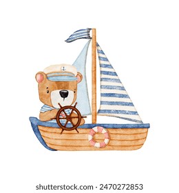 Watercolor teddy bear in ship hand-drawn illustration with white isolated background vector