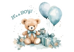 Watercolor Teddy Bear Sitting Between Hellium Balloons, Gift Boxes, Flowers. Cute Baby Illustration For Greeting Cards, Kid Posters Or Baby Shower 
