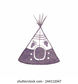 Watercolor teepee on the white background, aquarelle. Vector illustration. Hand-drawn decorative element useful for invitations, scrapbooking, design. Native american stylization