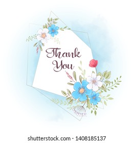 Watercolor template for a birthday wedding celebration with flowers and space for text. Hand drawing. Vector illustration