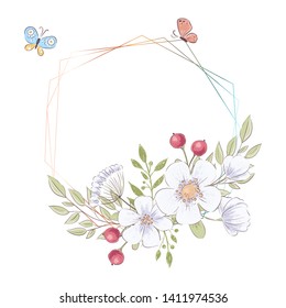 Watercolor template for a birthday wedding celebration with flowers and space for text. Hand drawing. Vector illustration